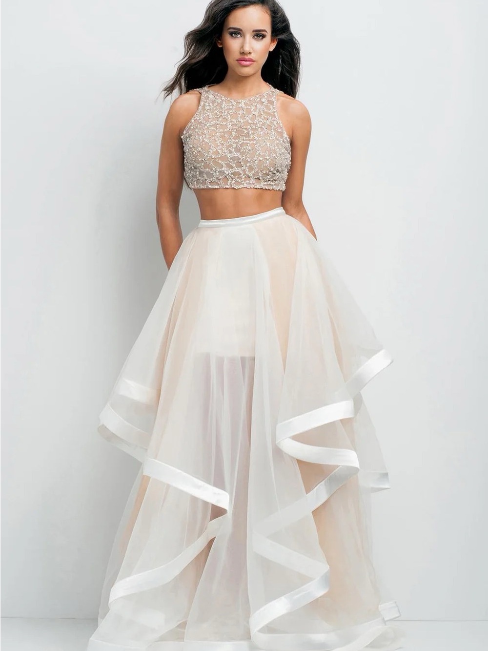 Terani Couture Beaded Crop Top and Layered Tulle Skirt in Champagne